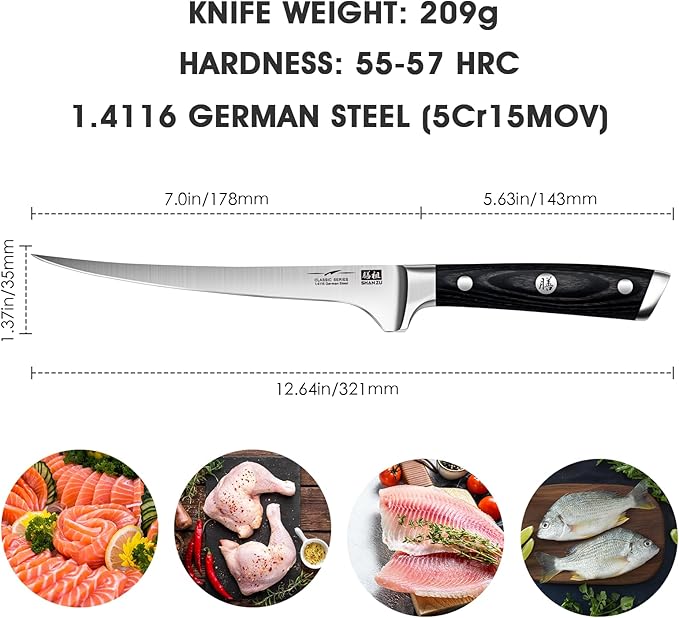 SHAN ZU Fillet Knife 7 Inch- Edge Deboning Fish and Meat Boning Knife, Professional Super Sharp Fish Knives Made of German Stainless Steel Boning Knives with Full Tang Handle