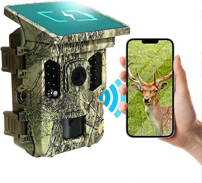 Solar Trail Camera 32MP 30FPS 2.7K Video,WiFi Bluetooth Hunting Camera with Motion Activated 0.2s Trigger, Night Vision Motion 64GB Card,Bracket,4PCS Battery,IP66 Waterproof for Wildlife Scouting