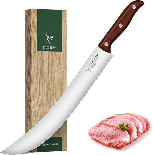 TAN REN Butcher Brisket Knife for Meat Carving, 12 Inch Cimeter Meat Slicing Knife with Wood Handle, Full Tang Breaking Knives for BBQ and Turkey