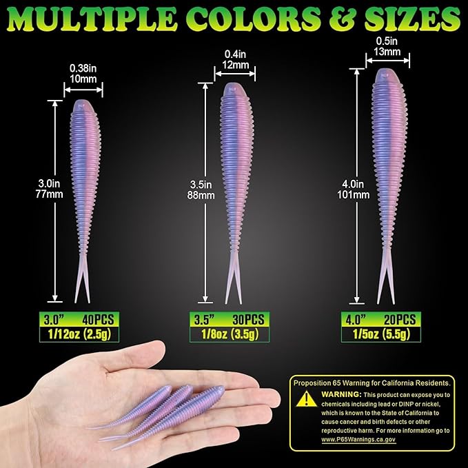 LUCKYFISHING Soft Plastic Baits 20PCS/30PCS/40PCS Forked Tail Fishing Soft Bait for Bass Walleye Trout Crappie Lures 3in/3.5in/4in