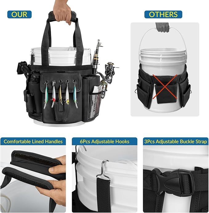 THKFISH Fishing Bucket Organizer for 5 Gallon Bucket, Ice Fishing Bucket Bag with Rod & Plier Holder, Adjustable Fish Protection Bucket Bag with Multi-Pockets for Fishing Gear