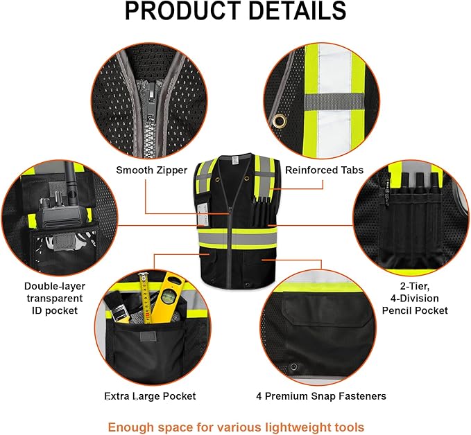 9 Pockets Class 2 High Visibility Reflective Safety Vest for Men, Mesh Hi Vis Construction Work Vest