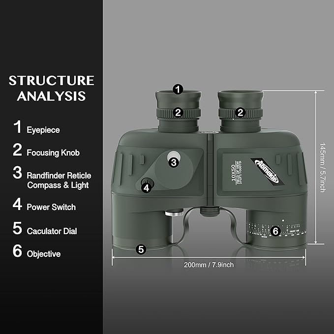 AOMEKIE Marine Binoculars for Adults 10x50 Waterproof Binoculars with Rangefinder Compass BAK4 Prism FMC Lens for Birdwatching Hunting Boating