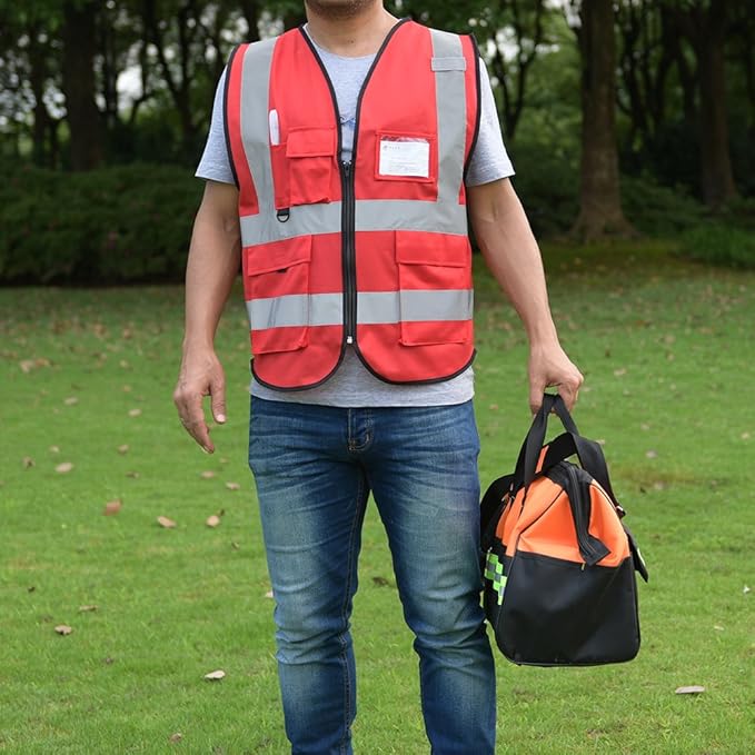 zojo High Visibility Safety Vests With Pockets, Wholesale Reflective Vest for Outdoor Works, Cycling, Jogging, Walking,Sports - Fits for Men and Women Pack of 10 (10, XXXL-Red)