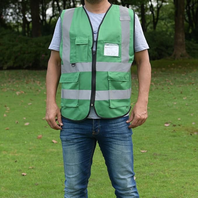 zojo High Visibility Safety Vests With Pockets, for Outdoor Works, Cycling, Jogging, Walking,Sports - for Men and Women Pack of 10 (XL-Green)