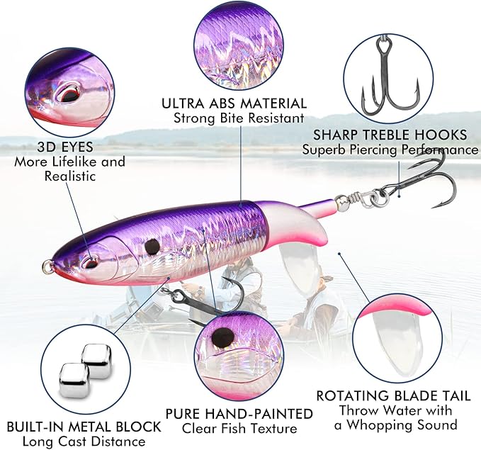 TRUSCEND PoPobait with BKK Hooks, Top Water Plopper Fishing Lures for Bass Walleye Pike Catfish Musky Perch, Floating Lure for Freshwater or Saltwater, Amazing Teasers Fishing Gifts for Family Fishing