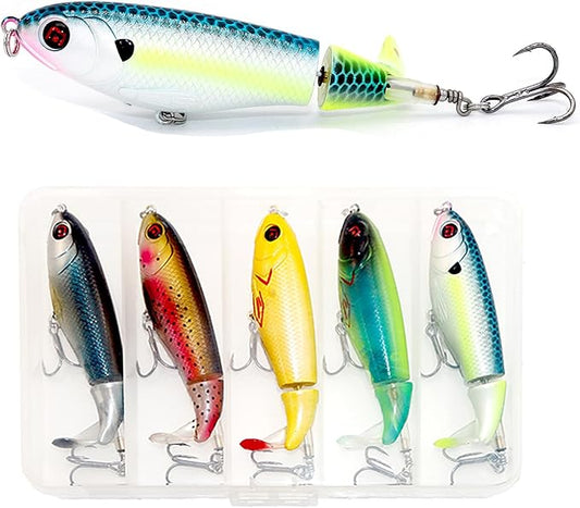 5PCS Topwater Fishing Lures for Bass Fishing with Storage Box, Whopper Popper Fishing Lure for Bass Catfish Pike Perch, Floating Pencil Bass Bait with Rotating Tail Freshwater