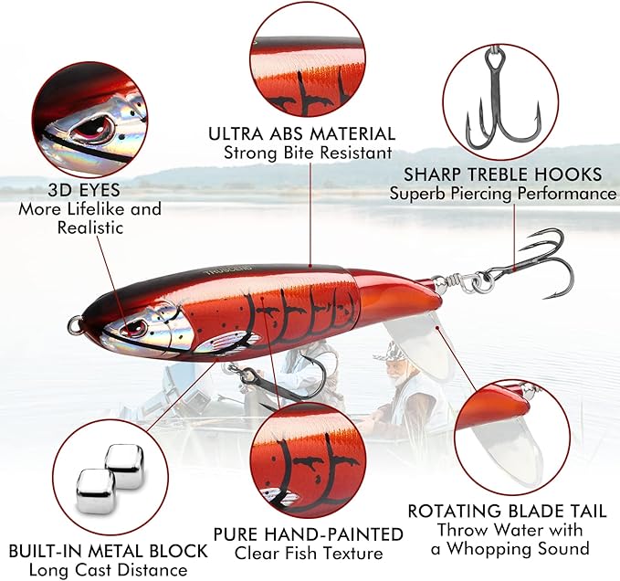 TRUSCEND PoPobait with BKK Hooks, Top Water Plopper Fishing Lures for Bass Walleye Pike Catfish Musky Perch, Floating Lure for Freshwater or Saltwater, Amazing Teasers Fishing Gifts for Family Fishing