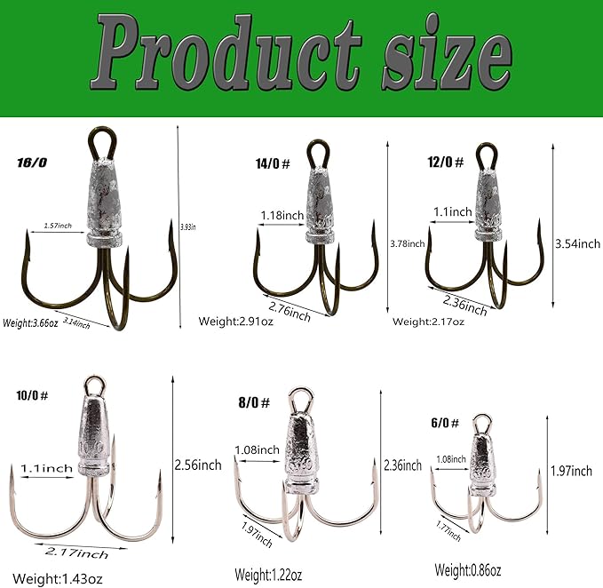 4 Pcs Snagging Hooks Snagging Weighted Treble Hooks （6/0, 8/0, 10/0, 12/0, 14/0,16/0）