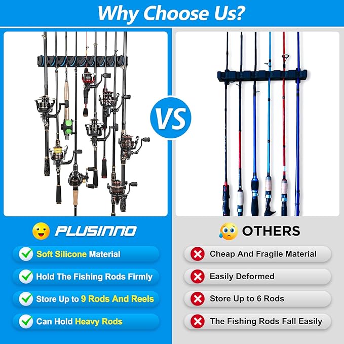 PLUSINNO 4 Pack Vertical Fishing Rod Rack, Wall Mounted Fishing Rod holder, 4 Packs Fishing Pole Holders Hold Up to 36 Rods or Combos, Fishing rod holders for garage, Fits Most Rods of Diameter 3-19mm