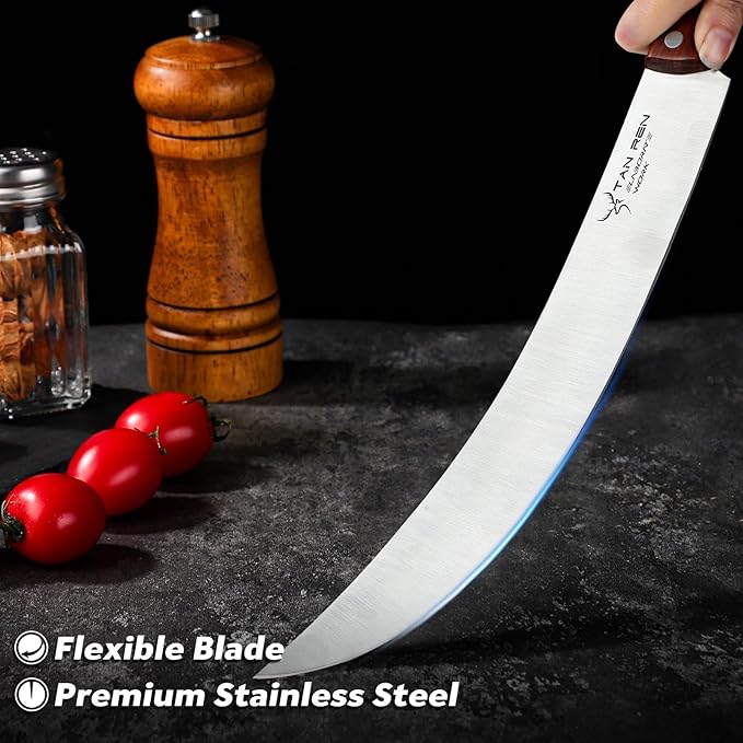 TAN REN Butcher Brisket Knife for Meat Carving, 12 Inch Cimeter Meat Slicing Knife with Wood Handle, Full Tang Breaking Knives for BBQ and Turkey