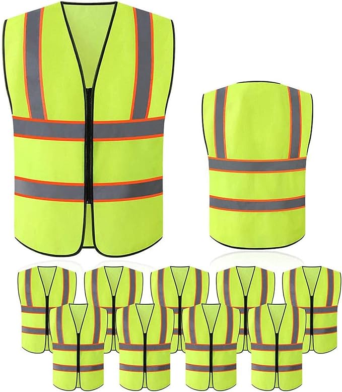 Tekware Safety Vest with High Reflective Strips, Pack of 10 Bright Neon Color Construction Protector with Zipper