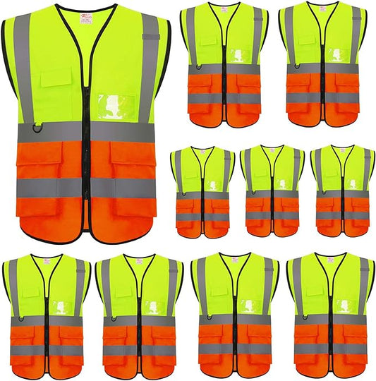 zojo High Visibility Safety Vests With Pockets,Pack of 10,Wholesale Reflective Vest for Outdoor Works, Cycling, Jogging, Walking,Sports - Fits for Men and Women (2XL-Mix Yellow & Orange)