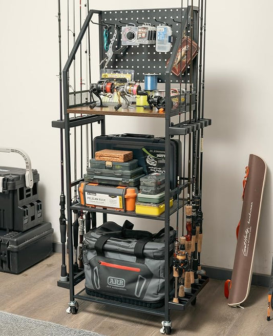 SOYEEZE Fishing Rod Holders for Garage, Fishing Pole holders, Fishing Gear Storage up to 12 Rods with Hooks and Wheels, Fishing Cart For Fishing Rod Tackle Box Reel Storage