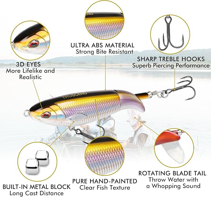 TRUSCEND PoPobait with BKK Hooks, Top Water Plopper Fishing Lures for Bass Walleye Pike Catfish Musky Perch, Floating Lure for Freshwater or Saltwater, Amazing Teasers Fishing Gifts for Family Fishing