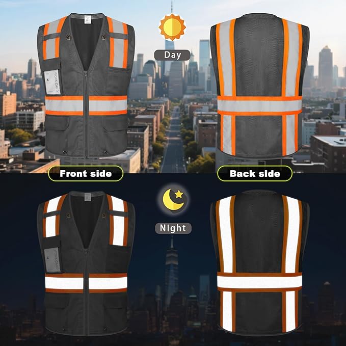 9 Pockets Class 2 High Visibility Reflective Safety Vest for Men, Mesh Hi Vis Construction Work Vest
