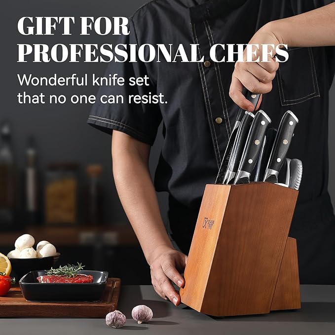 9 Pieces Knife Set with Block, Hand Forged High Carbon Steel Sharp Blade Cooking Knives Set with Holder for Kitchen, Block Chef Knife Set Professional, Best Gifts for Men Women