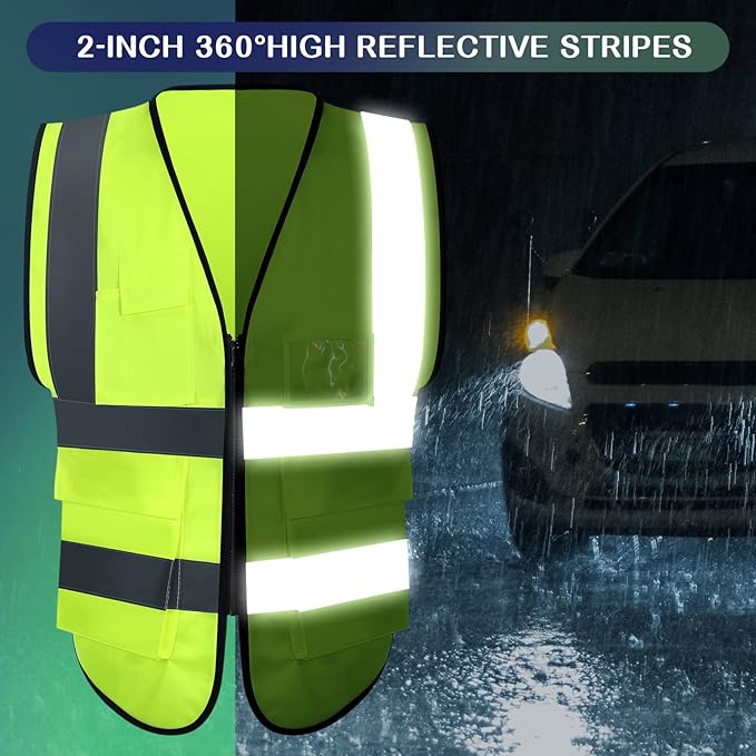 15 Pack Reflective Safety Vests with Pockets and Zipper Construction Work High Visibility Vest for Men Women(Large,Fluorescent Green)