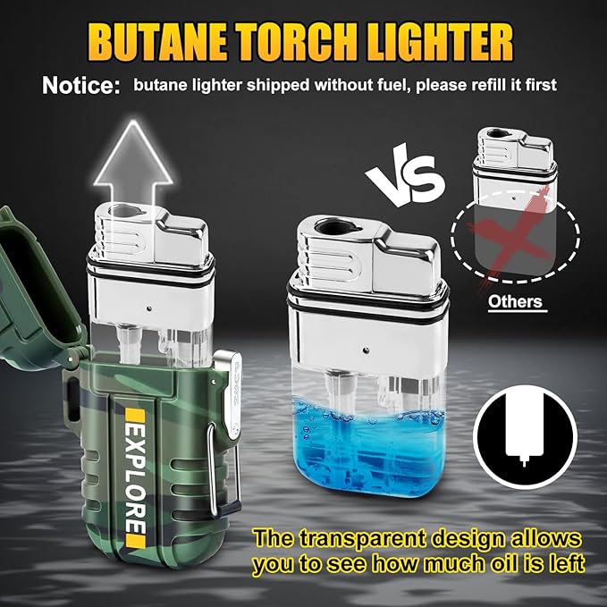 LcFun 2 Pack Outdoor Lighter Waterproof, Windproof Electric USB Rechargeable Dual Arc Plasma Lighter, Refillable Butane Torch Lighters, Survival Tactical Gear Gadgets for Men for Camping, Hiking