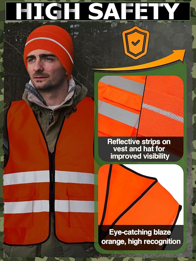 Apipi 2 Set Blaze Orange Hunting Vest and Beanie - High Visibility Safety Vest for Men, with Reflective Strips for Outdoor