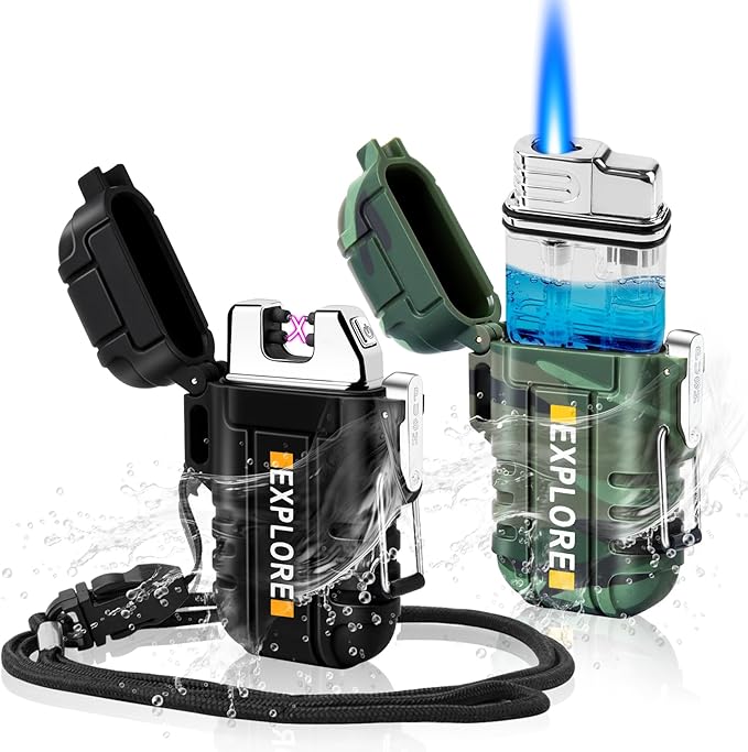 LcFun 2 Pack Outdoor Lighter Waterproof, Windproof Electric USB Rechargeable Dual Arc Plasma Lighter, Refillable Butane Torch Lighters, Survival Tactical Gear Gadgets for Men for Camping, Hiking