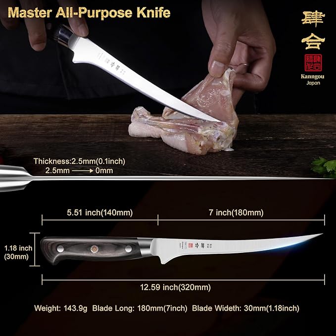 7 Inch Fillet Knife for Fish, Japan AUS-8 Alloy Steel Boning Knife for Meat with Full-Tang Pakkawood Handle, Kitchen Knives with Premium Gift Box (Classic Series)