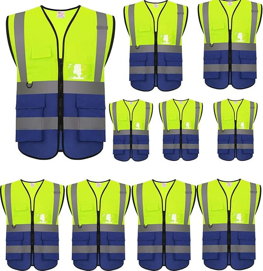 zojo High Visibility Safety Vests With Pockets, Pack of 10,Wholesale Reflective Vest for Outdoor Works, Cycling, Jogging, Walking,Sports - Fits for Men and Women (2XL-Mix Yellow & Blue)