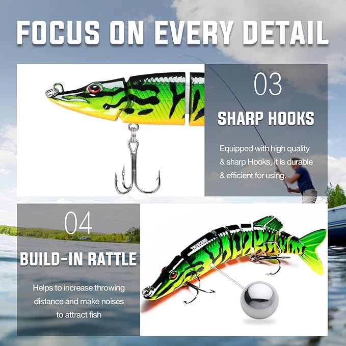 TRUSCEND Easy Catch Swimmax, Magic Noisy Turbulent Wiggling and Vibrating Actions for More Bites, Segmented Swimbait Jointed by Dyneema Strongest Fiber, Lifelike Fishing Lures for Relax Family Fishing