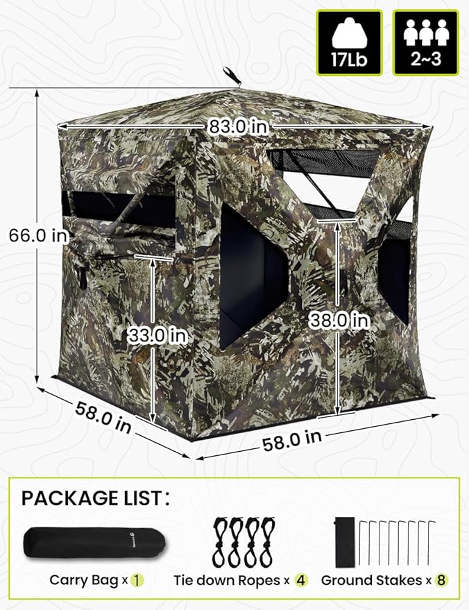 TIDEWE See Through Blind 270°with Silent Magnetic Door & Sliding Windows, 2-3 Person Pop Up Ground Blind with Carrying Bag, 300D Portable Resilient Tent(Camouflage & Veil Rush)
