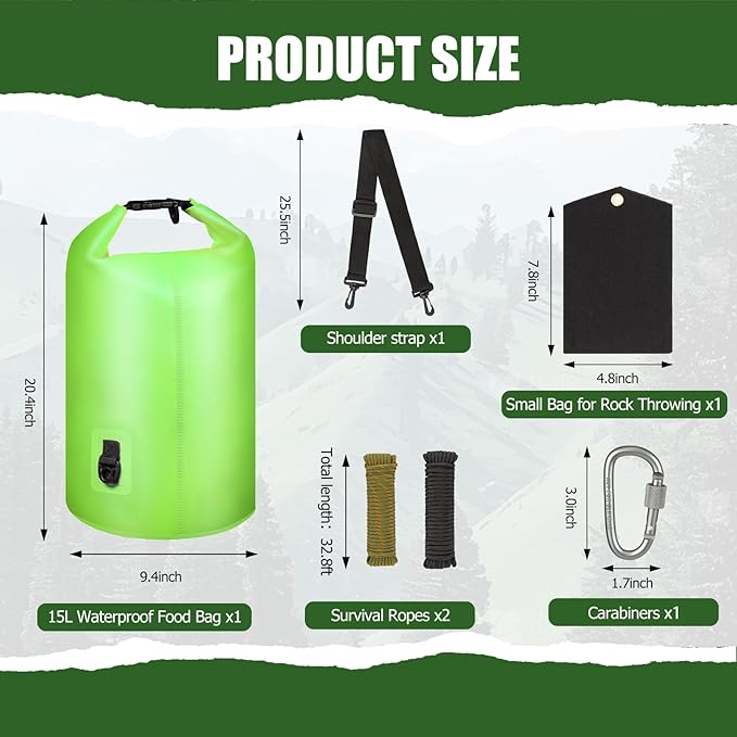 Bear Bag Hanging System - 15L Heavy Duty Waterproof Bear Proof Food Storage Kit with Rock Sack 2 Ropes 2 Safety Clips 1 Straps for Hiking, Camping & Backpackin