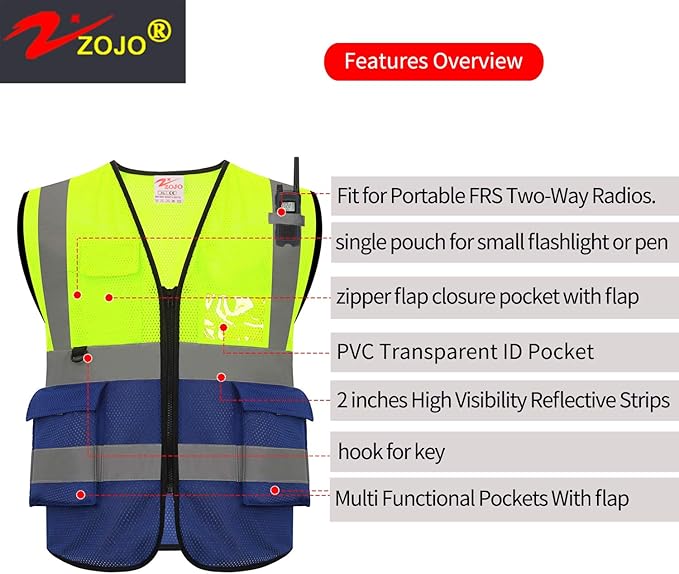 zojo High Visibility Safety Vests With Pockets,Pack of 10,Wholesale Reflective Vest for Outdoor Works, Cycling, Jogging, Walking,Sports - Fits for Men and Women (2XL- Mesh-Mix Yellow & Blue)