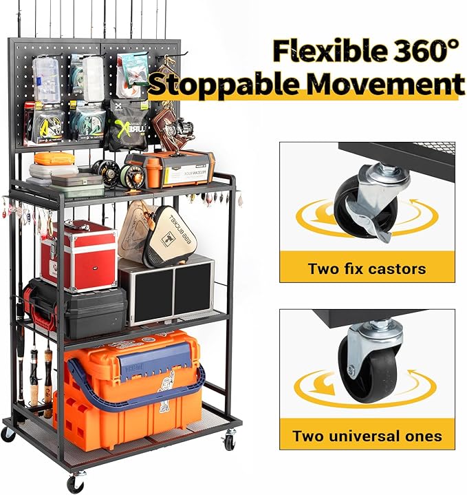 SOYEEZE Fishing Rod Holders for Garage,Fishing Pole Holder/Rack of Adjustable with Pegboard and Hooks, a Tackle Box,Lines,Lure Fishing Organizer, Stores Fishing Gear, up to 12 Rods,Fishing Gift