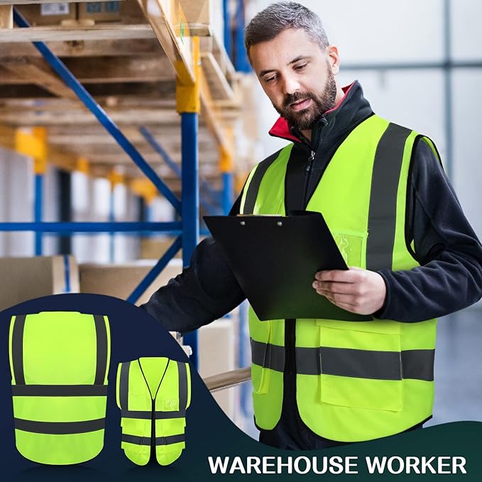 15 Pack Reflective Safety Vests with Pockets and Zipper Construction Work High Visibility Vest for Men Women(Medium,Fluorescent Green)