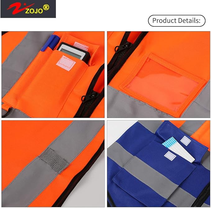 zojo High Visibility Safety Vests With Pockets, Pack of 10,Wholesale Reflective Vest for Outdoor Works, Cycling, Jogging, Walking,Sports - Fits for Men and Women(2XL-Mix Orange & Blue)