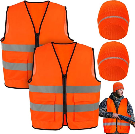 Apipi 2 Set Blaze Orange Hunting Vest and Beanie - High Visibility Safety Vest for Men, with Reflective Strips for Outdoor