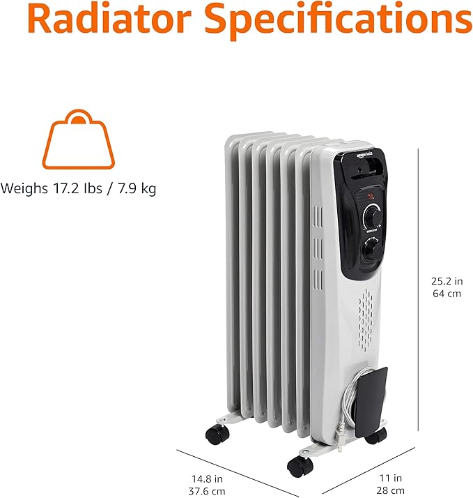 Amazon Basics Portable Oil Radiator Heater for Indoor Use, 3 Heat Settings, Over-Heat Protection, ETL-certified Safety, 7 Oil-Filled Steel Fins, 1500W, 11"D x 14.8"W x 25.2"H, White