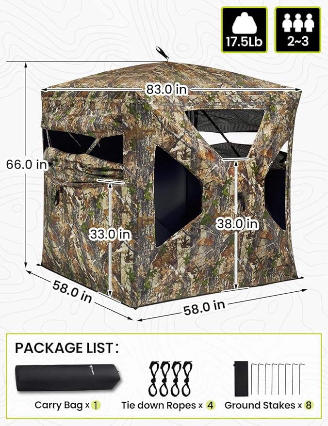 TIDEWE See Through Blind 270°with Silent Magnetic Door & Sliding Windows, 2-3 Person Pop Up Ground Blind with Carrying Bag, 300D Portable Resilient Tent(Camouflage & Veil Rush)