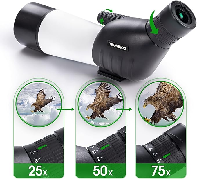 25-75x60 Spotting Scopes for Target Shooting Spotter Scope Hunting Bird Watching 45 Degree Angled with Tripod Carrying Bag Smartphone Adapter White