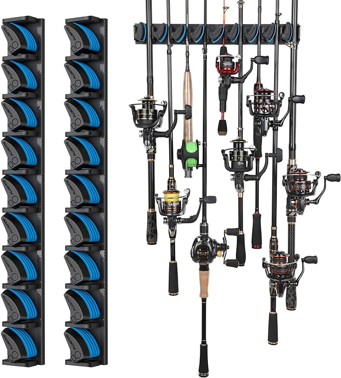 PLUSINNO 2 pack Vertical Fishing Rod rack, Wall Mounted Fishing Rod holder, 2 Packs Fishing Pole Holders Hold Up to 18 Rods or Combos, Fishing rod holders for garage, Fits Most Rods of Diameter 3-18mm