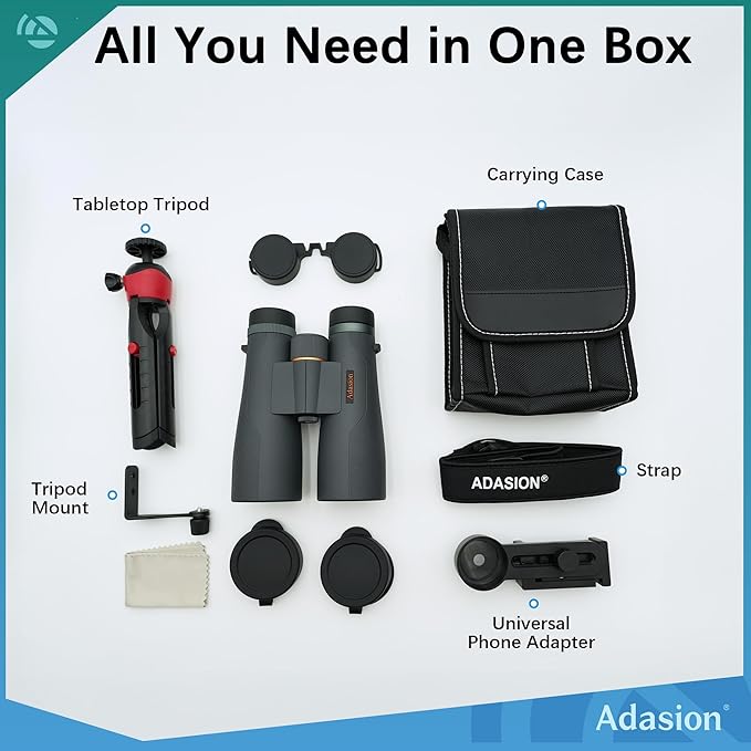 Adasion 15x56 UHD Binoculars for Adults High Powered with Phone Adapter and Tripod, Super Powerful BAK4 Prism Waterproof Binoculars for Hunting Stargazing Bird Watching Hiking Safari Travel Sports