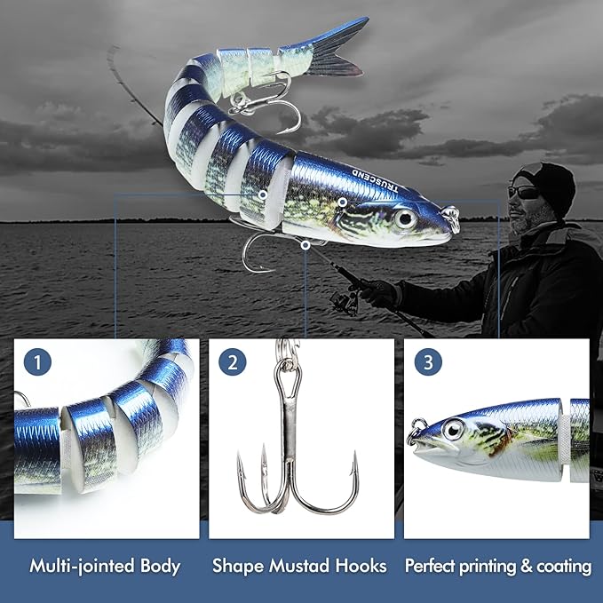 TRUSCEND Easy Catch Swimmax, Magic Noisy Turbulent Wiggling and Vibrating Actions for More Bites, Segmented Swimbait Jointed by Dyneema Strongest Fiber, Lifelike Fishing Lures for Relax Family Fishing