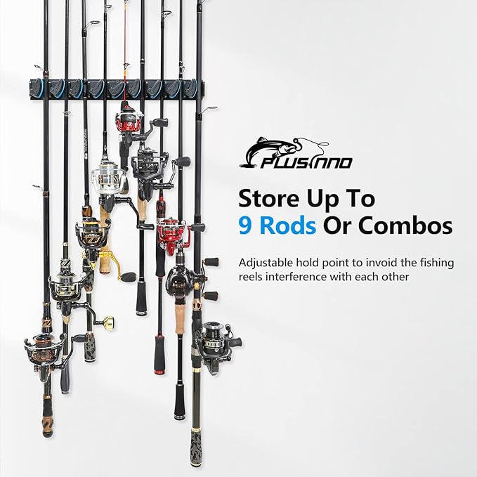 PLUSINNO 4 Pack Vertical Fishing Rod Rack, Wall Mounted Fishing Rod holder, 4 Packs Fishing Pole Holders Hold Up to 36 Rods or Combos, Fishing rod holders for garage, Fits Most Rods of Diameter 3-19mm