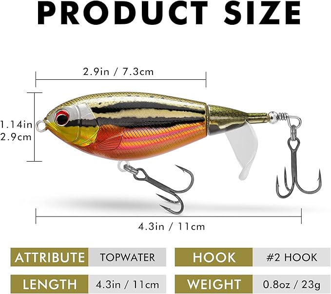 TRUSCEND PoPobait with BKK Hooks, Top Water Plopper Fishing Lures for Bass Walleye Pike Catfish Musky Perch, Floating Lure for Freshwater or Saltwater, Amazing Teasers Fishing Gifts for Family Fishing