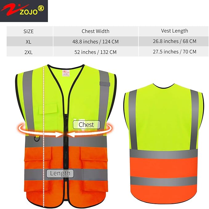 zojo High Visibility Safety Vests With Pockets, Pack of 10，Wholesale Reflective Vest for Outdoor Works, Cycling, Jogging, Walking,Sports - Fits for Men and Women (XL-Mix Yellow & Orange)