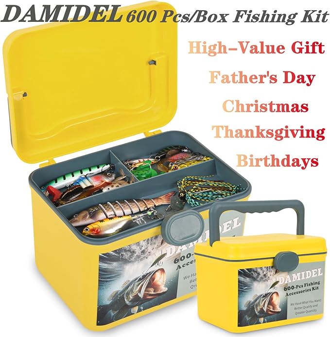 600 Pcs/Tackle Box Fishing Kit-Fishing Hooks,Sinkers, Swivels Snaps,Top Water Lure,Spoons,Soft Lures,Jig Heads, Frogs, Minnow, Accessories Equipment- Saltwater Freshwater Bass Bait Gear