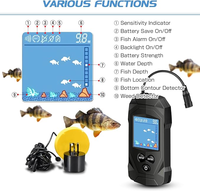 Atibin Portable Water Fish Finder Transducer Wired Handheld Depth Finder Sonar LCD Display Fish Finders Kayak FF068