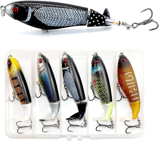 5PCS Topwater Fishing Lures for Bass Fishing with Storage Box, Whopper Popper Fishing Lure for Bass Catfish Pike Perch, Floating Pencil Bass Bait with Rotating Tail Freshwater