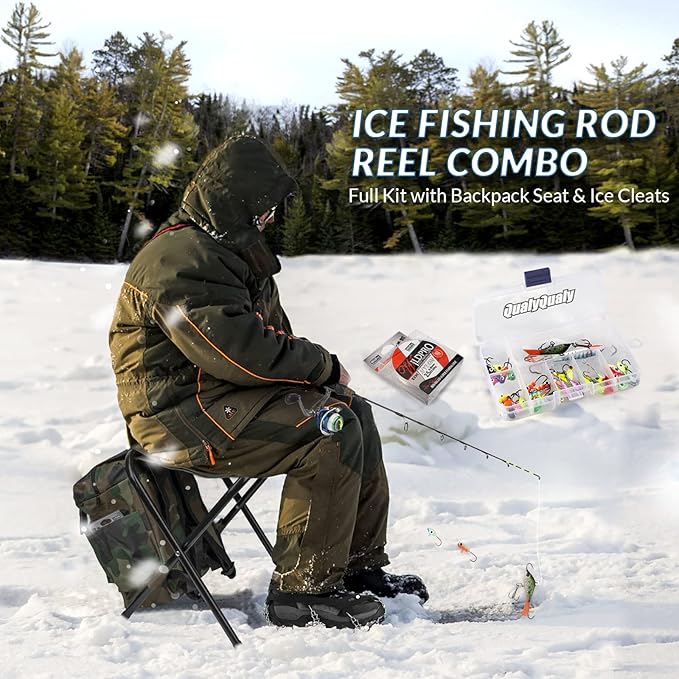 QualyQualy Ice Fishing Rod Reel Combo Complete Set Ice Fishing Gear with Backpack Seat Ice Cleats Ice Fishing Jigs Line Full Ice Fishing Kit 24" 26"