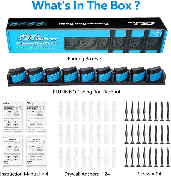 PLUSINNO 4 Pack Vertical Fishing Rod Rack, Wall Mounted Fishing Rod holder, 4 Packs Fishing Pole Holders Hold Up to 36 Rods or Combos, Fishing rod holders for garage, Fits Most Rods of Diameter 3-19mm
