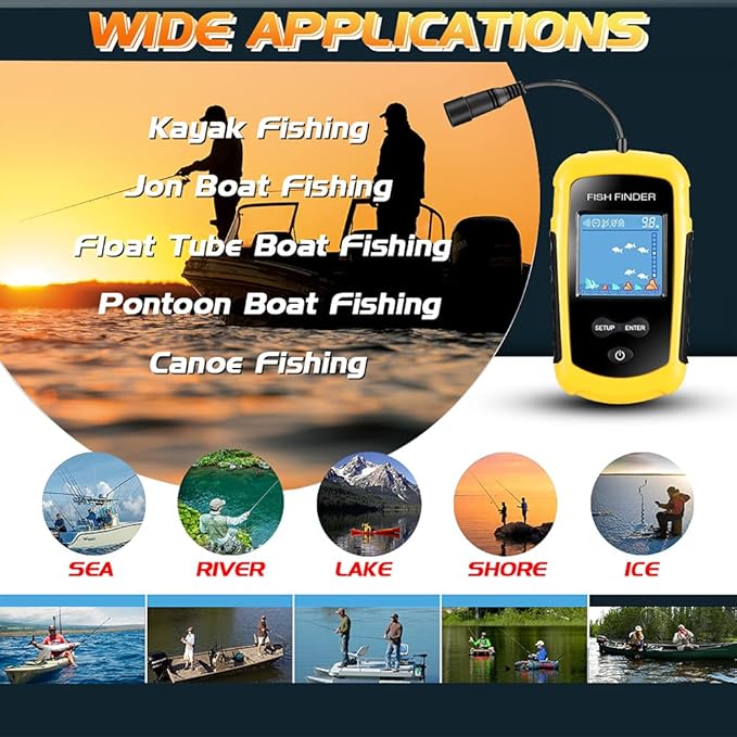 Atibin Handheld Kayak Fish Depth Finder Portable Transducer Fish Finder Sonar Boat Dock Fish Finders Display Water Fishing Yellow